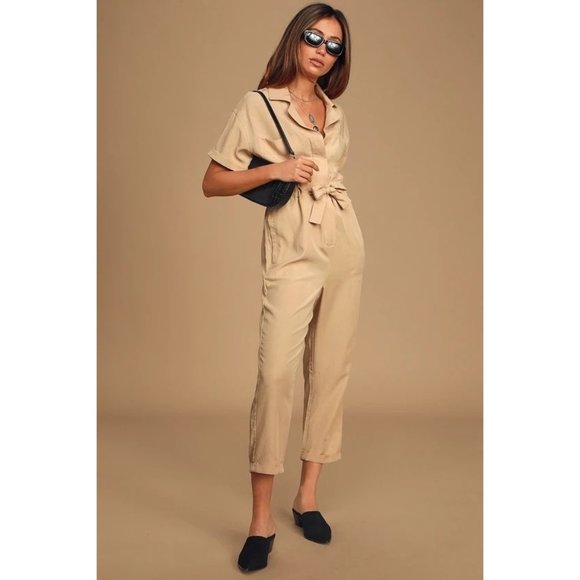 ASTR the label Linen blend Miri Beige Button-Up Short Sleeve Utility Jumpsuit